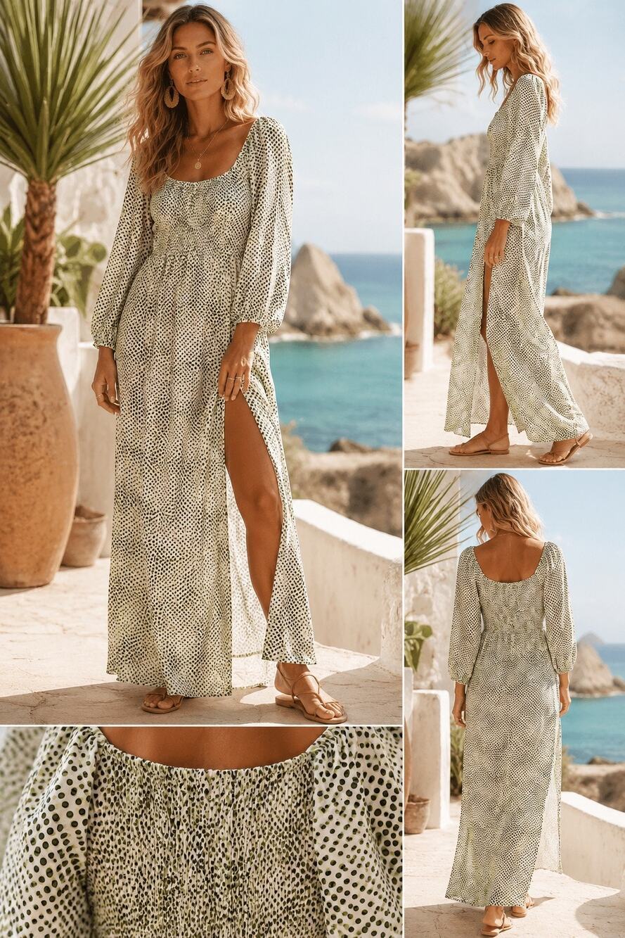 Commense Polka Dot Maxi Dress S Coastal Boho Cottagecore Side Slit Long Sleeve